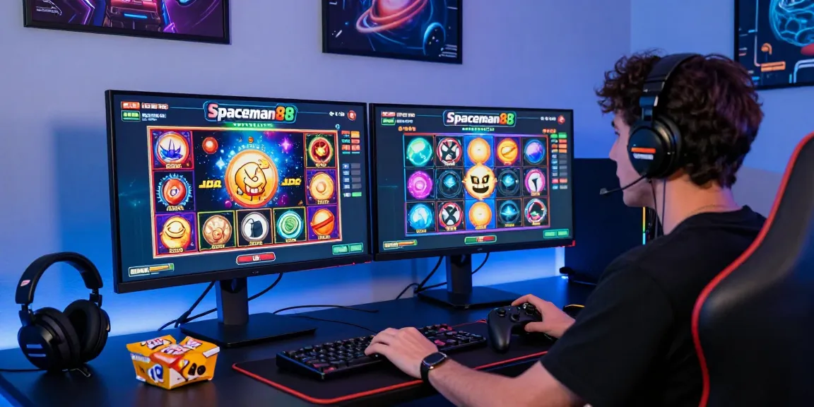 Player engaged in Spaceman88 slot gaming with vibrant cosmic themes and dual monitors, setting a lively atmosphere.