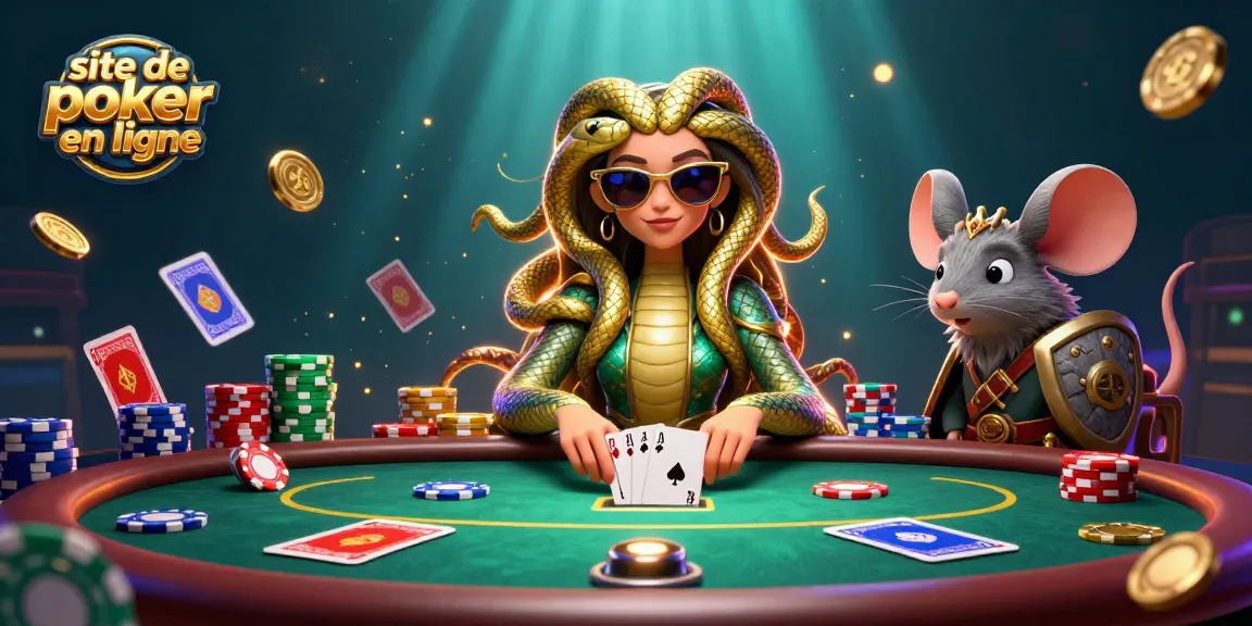 Participez à des parties sur un site de poker en ligne avec des personnages animés et une ambiance colorée.