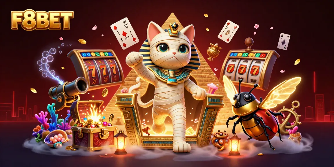F8BET offers thrilling action with Egyptian mummy cat in a vibrant pyramid casino scene.