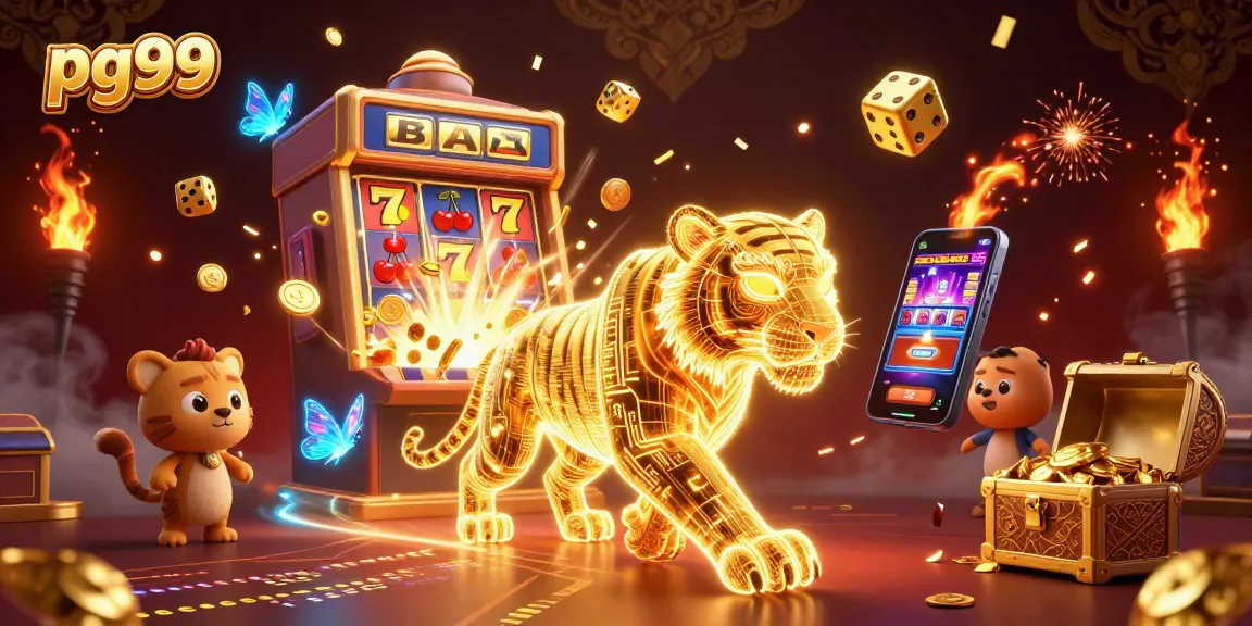 pg99 reveals vibrant online casino action with a neon tiger in a dynamic digital landscape.