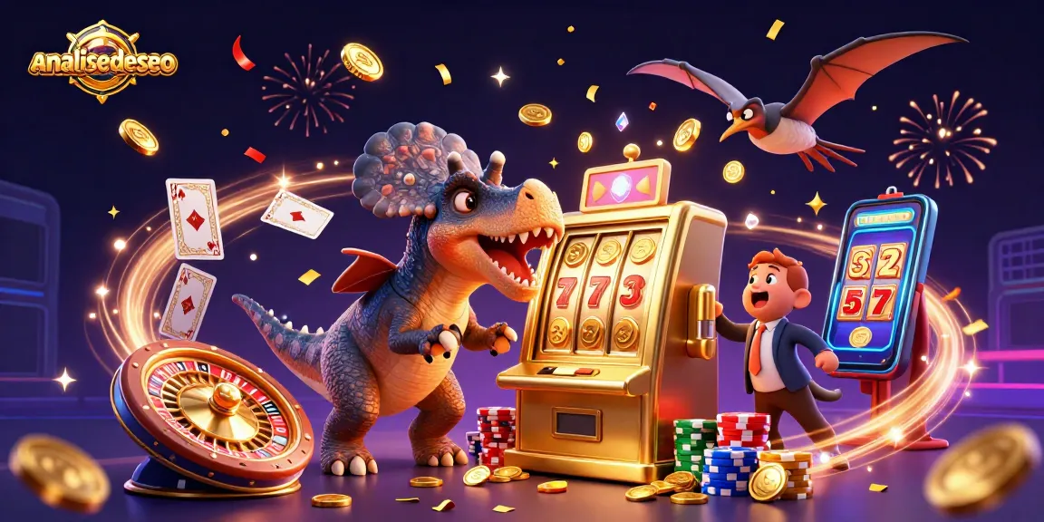 analisedeseo features a dinosaur jackpot scene with cascading coins and vibrant casino elements