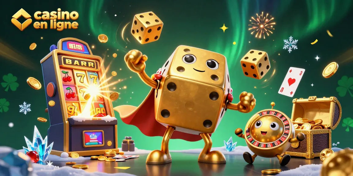 Plongez dans l'univers casino en ligne avec des dés dorés, machines à sous, et éclats de jackpots.