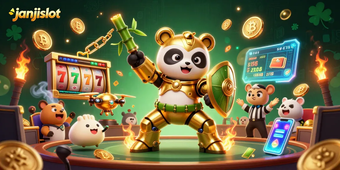Experience janjislot with an engaging 3D illustration of a golden panda in a casino-themed arena.