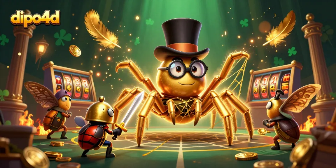 Dive into the thrilling dipo4d slots with a golden tarantula and knight battling in a casino web.
