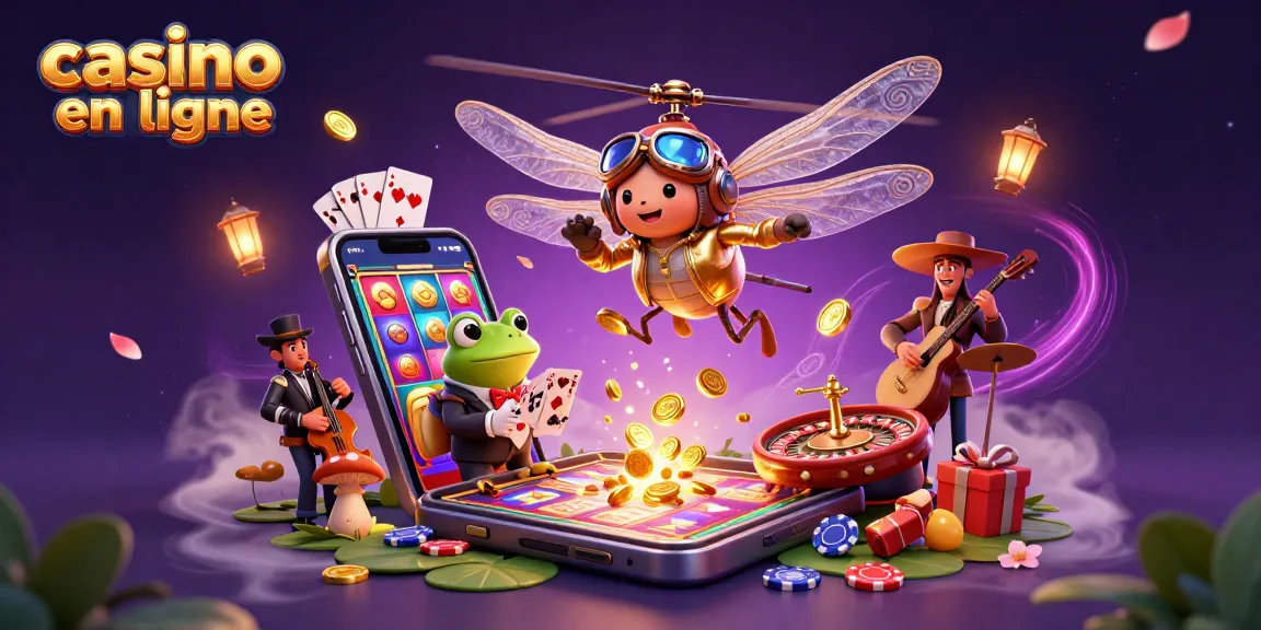 Casino en ligne : un dragonfly pilote, un croupier grenouille et des musiciens pour une ambiance jouant à des jeux.