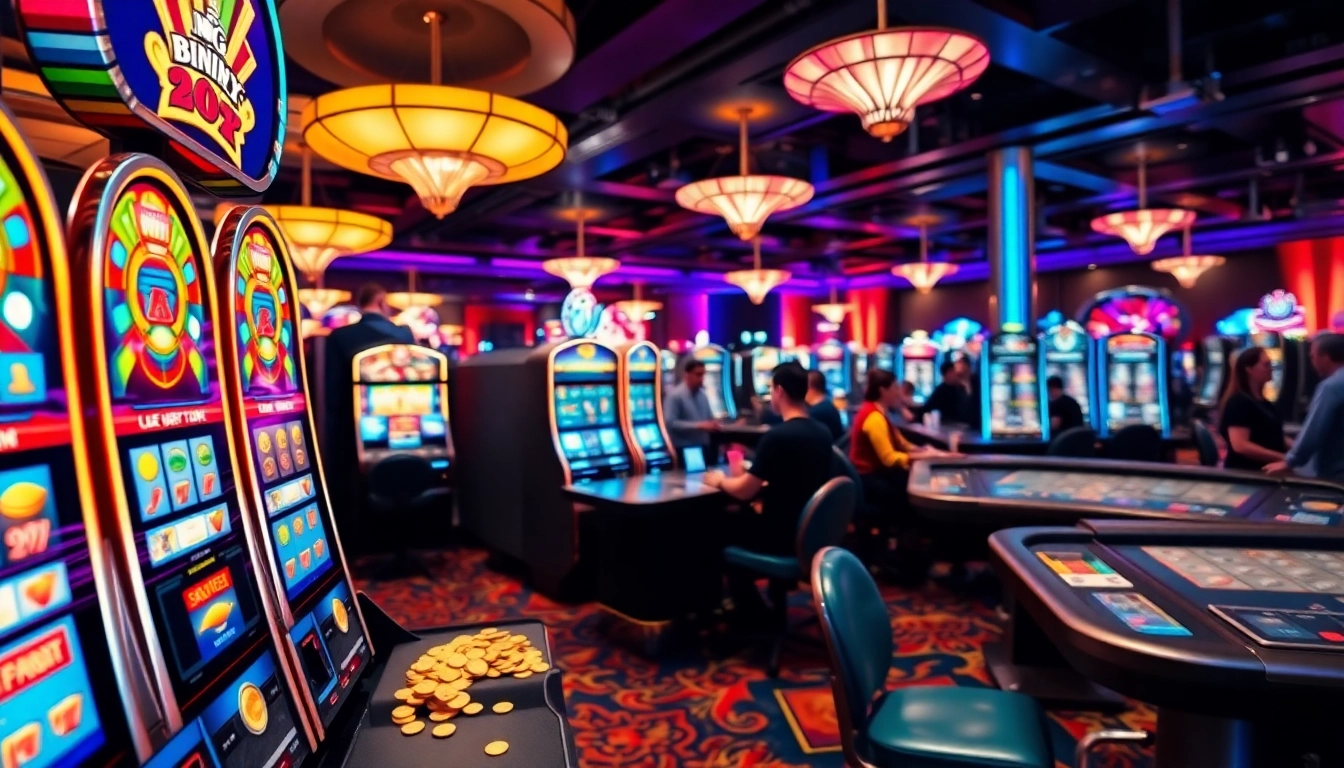 Menampilkan permainan slot wortel21 di kasino yang penuh warna dengan lampu cerah.