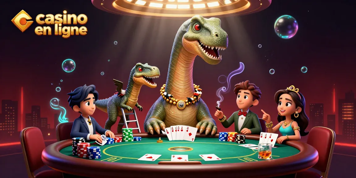 Une illustration de casino en ligne animée où un brontosaurus observe une table de poker animée.