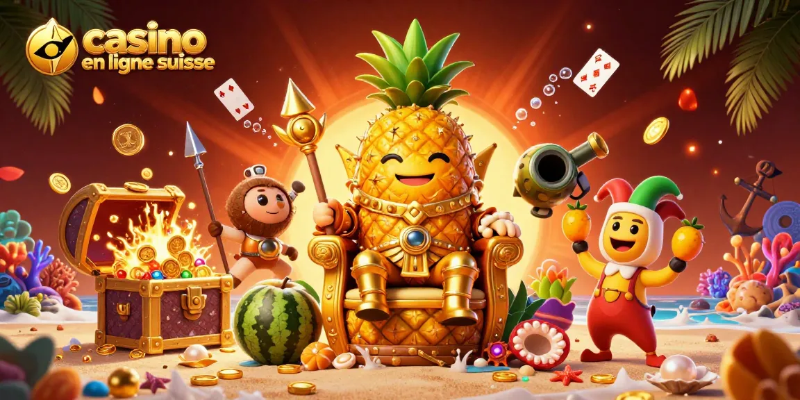 Visitez le casino en ligne suisse avec des personnages de fruits animés dans une scène vibrante.