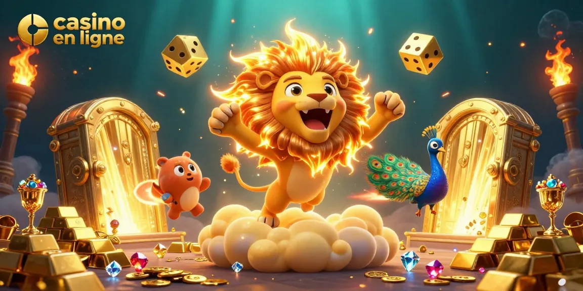 Vente de l'excitation du casino en ligne avec un lion solaire et des dés dorés.