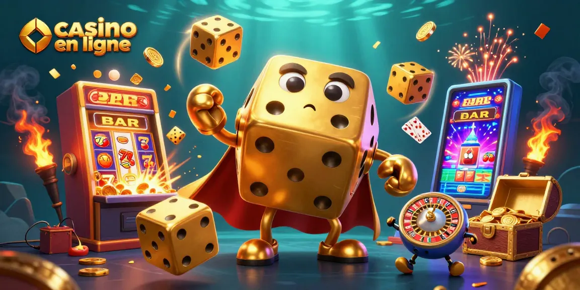 Illustration dynamique du casino en ligne avec un golem de dés dorés jonglant des dés et des éléments de jeux.