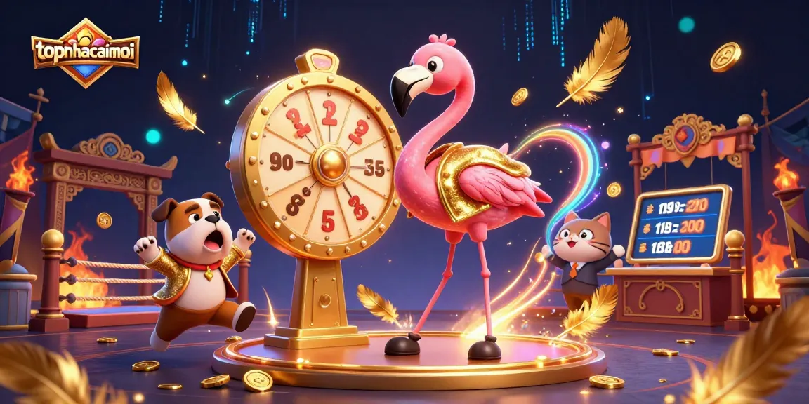 topnhacaimoi features a flamingo game show host, bulldog contestant, and cat assistant in a vibrant casino scene
