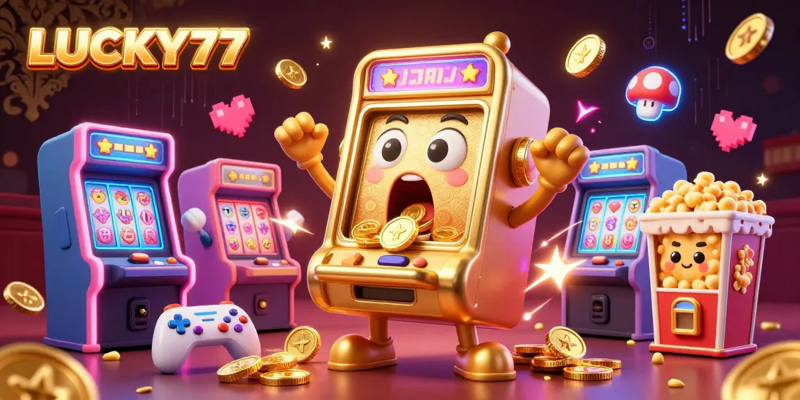 LUCKY77 wins big as a golden slot machine hits a jackpot with cheering supporters in a vibrant casino scene.