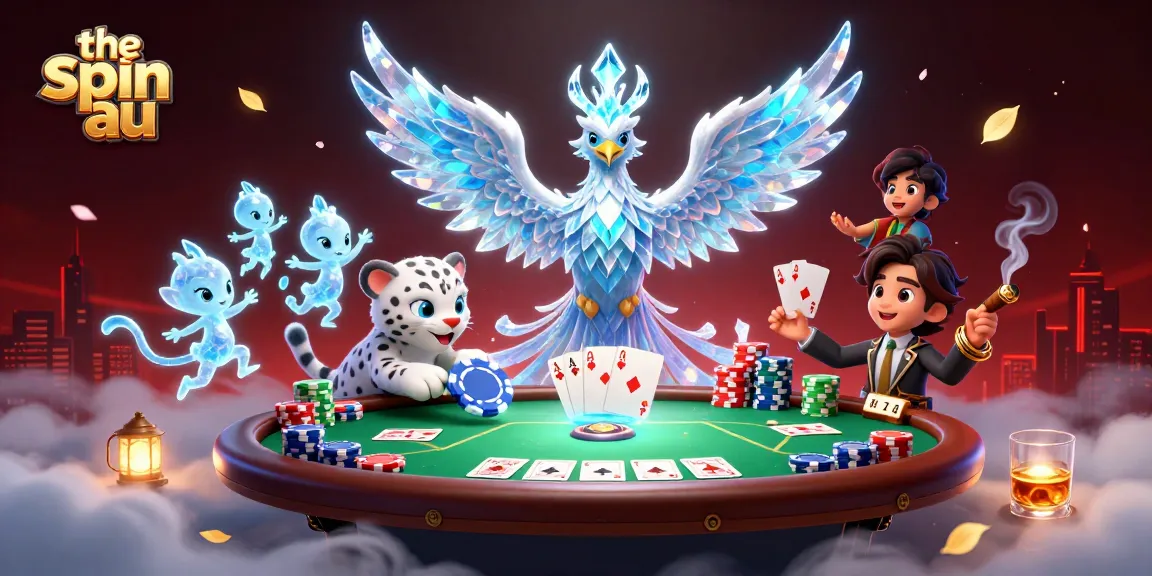 The spin au showcases an ice phoenix, snow leopard, and playful sprites at a poker table.