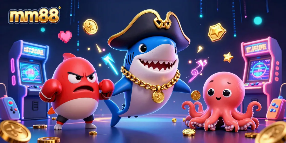Join the excitement at mm88 with a dynamic illustration of a casino scene featuring a pirate shark, pufferfish, and octopus.