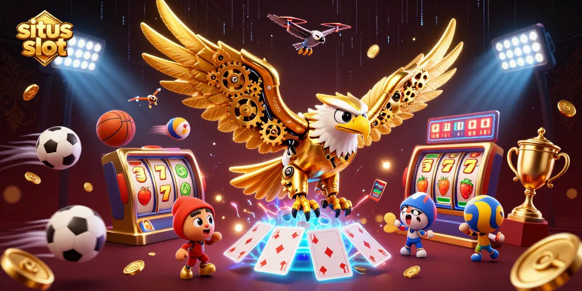 Experience situs slot excitement with a golden eagle diving through holographic cards in a thrilling casino scene.