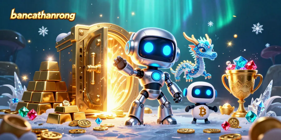 bancathanrong showcases a vibrant digital casino scene with a robot, dragon, and bitcoin drone amidst treasure