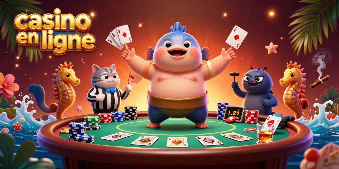 Illustration animée d'un fugu et d'un arbitre poisson chat participant à un jeu de casino en ligne.