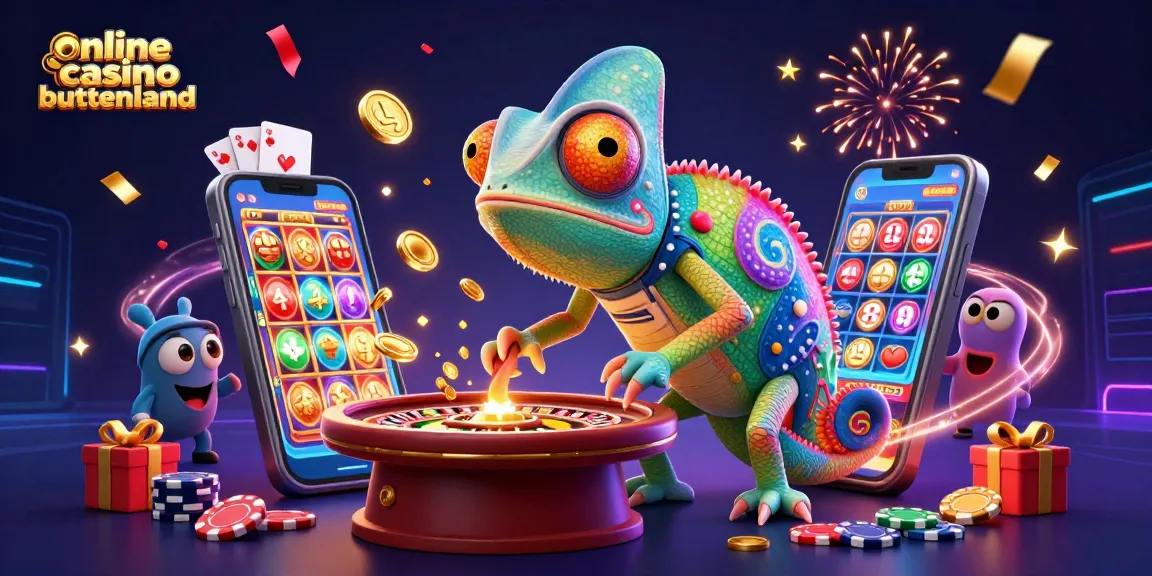 Experience the vibrant thrill of online casino buitenland with this 3D chameleon mascot and colorful game elements.