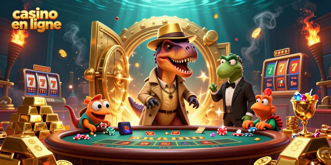 Placez vos jetons au casino en ligne avec des dinosaures dans une illustration détaillée pleine de gemmes et d'or.
