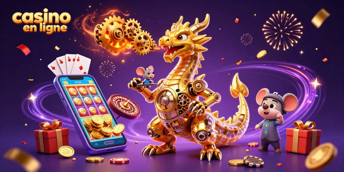 Les jeux de casino en ligne prennent vie avec un dragon doré et un ingénieur souris entourés de lots et de pièces.
