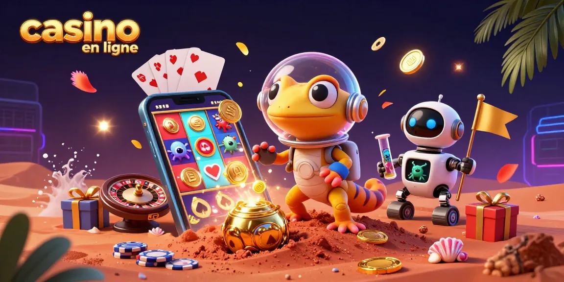 Illustration animée de casino en ligne avec un gecko martien et des éléments de jeu et de célébration.