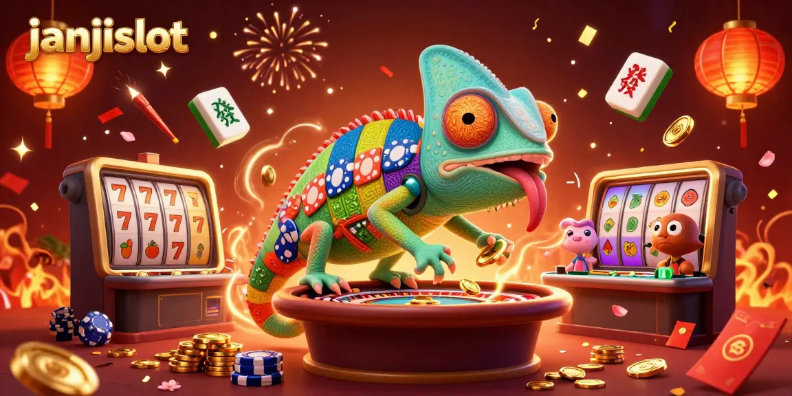 Experience high-stakes excitement at janjislot with vibrant casino elements and a chameleon host.