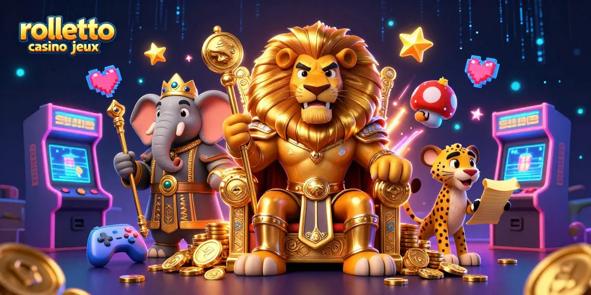 Jouez à rolletto casino jeux avec des machines à sous colorées et un roi lion majestueux.