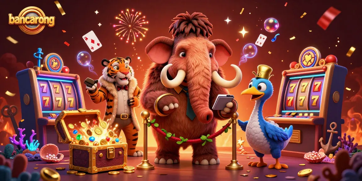Bancarong shows a vibrant casino scene with a woolly mammoth bouncer, saber-tooth tiger guest, and slot machine action.