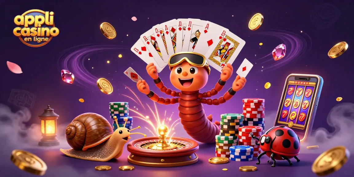 Appli casino en ligne : mille-pattes croupier et escargot jouant avec des jetons dans un décor fantastique