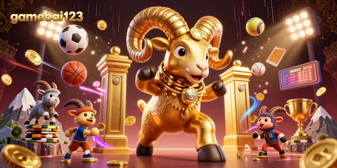 Experience the thrilling action of gamebai123 with a golden ram charging through a dynamic casino scene.