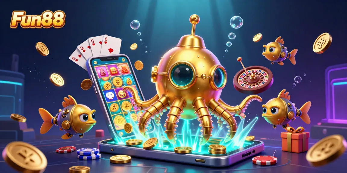 Experience Fun88's vibrant gaming scene with mechanical fish and gold coins amidst dazzling slot games.