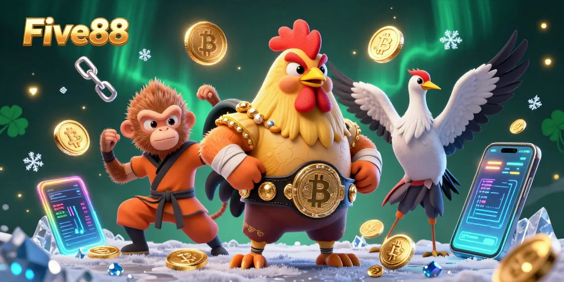 Experience the thrill at Five88 with a dynamic illustration showcasing a 3D Muay Thai rooster and crypto elements.