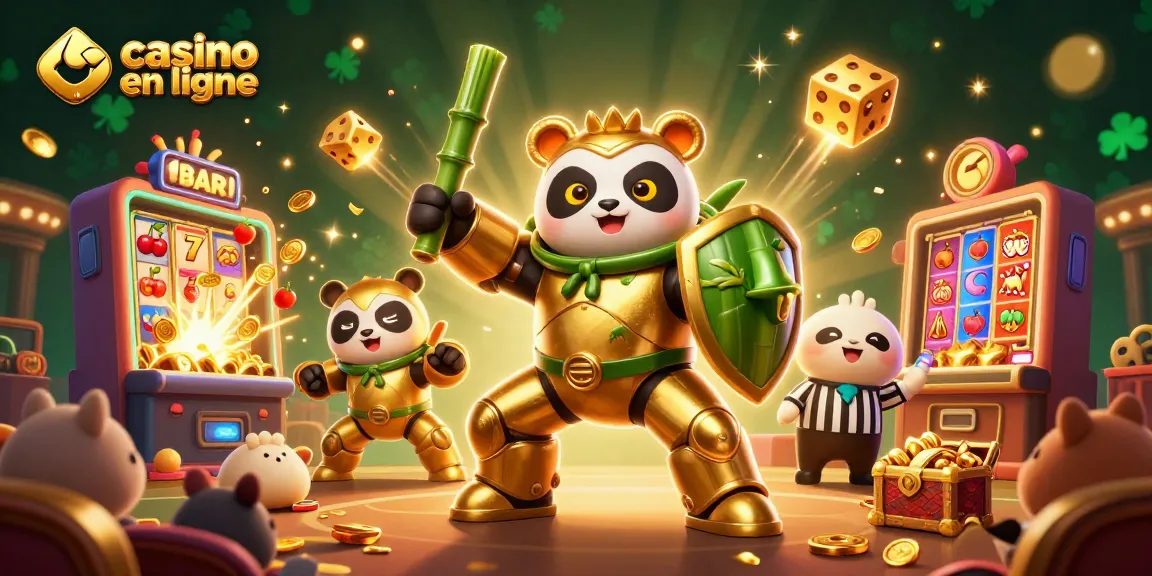 Jouer à casino en ligne avec le panda doré aux commandes d'un robot dans une arène vibrante.