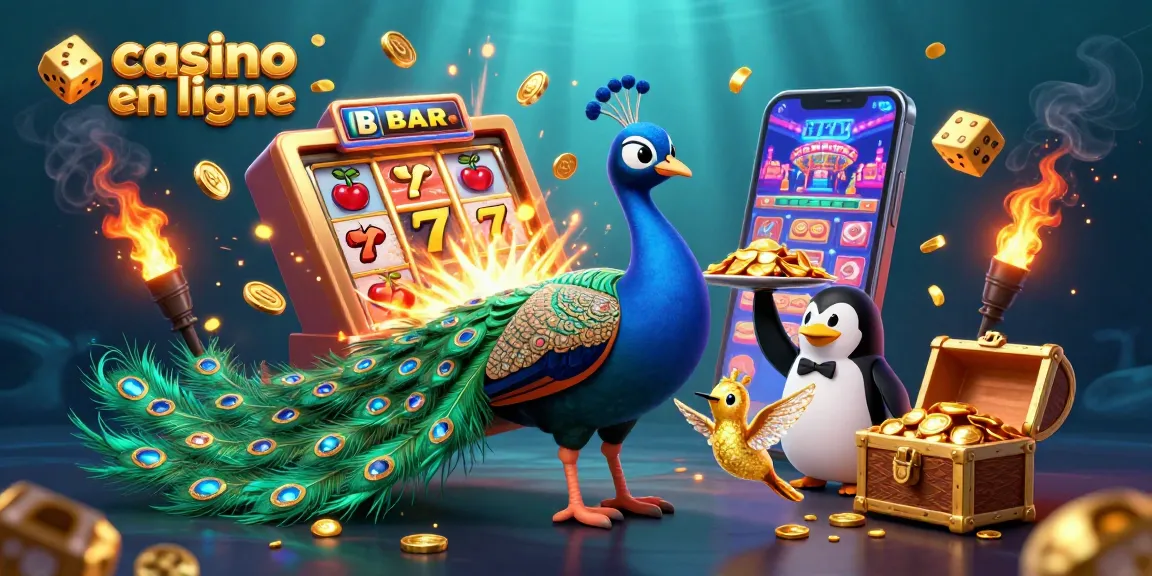 Une illustration de casino en ligne représentant un paon aristocratique, un pingouin serveur et un colibri, entourés d'éléments de jeu.
