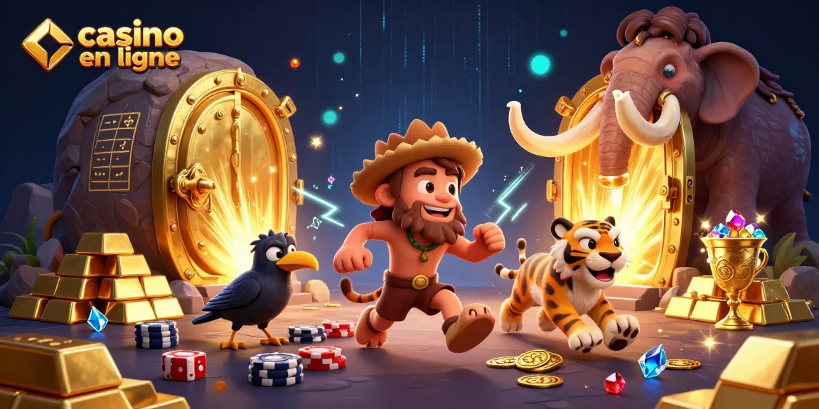 Casino en ligne animée avec un duo d'hommes des cavernes et tigre à dents de sabre jouant aux dés et distribuant des jetons