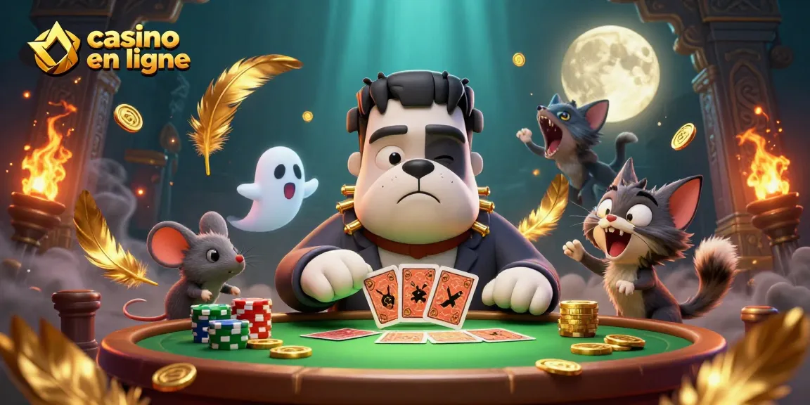 Casino en ligne : un bulldog Frankenstein distribuant des cartes dans une ambiance mystérieuse.