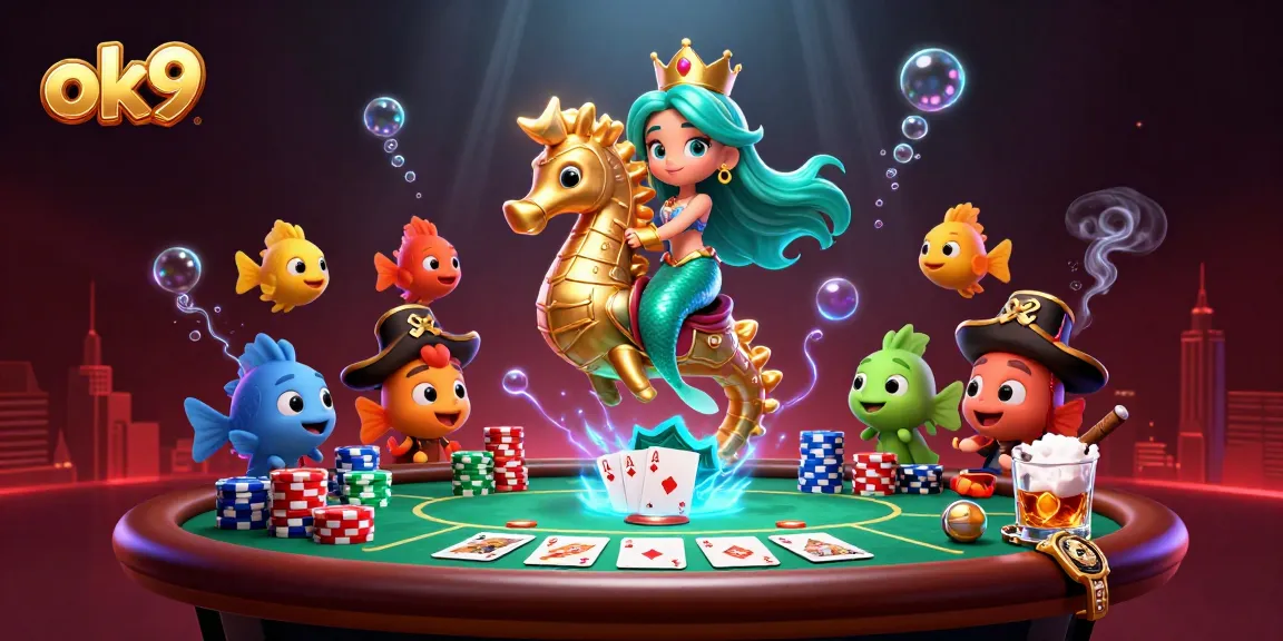 Experience the excitement of ok9 with a stunning mermaid-themed poker party illustration showcasing vibrant characters and casino elements.