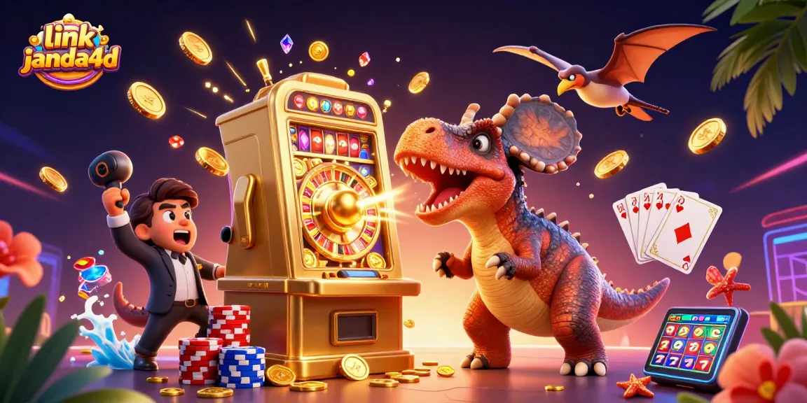link janda4d mengeluarkan jackpot sementara pachycephalosaurus memukul mesin slot dengan koin emas terbang melawan latar kasino yang meriah