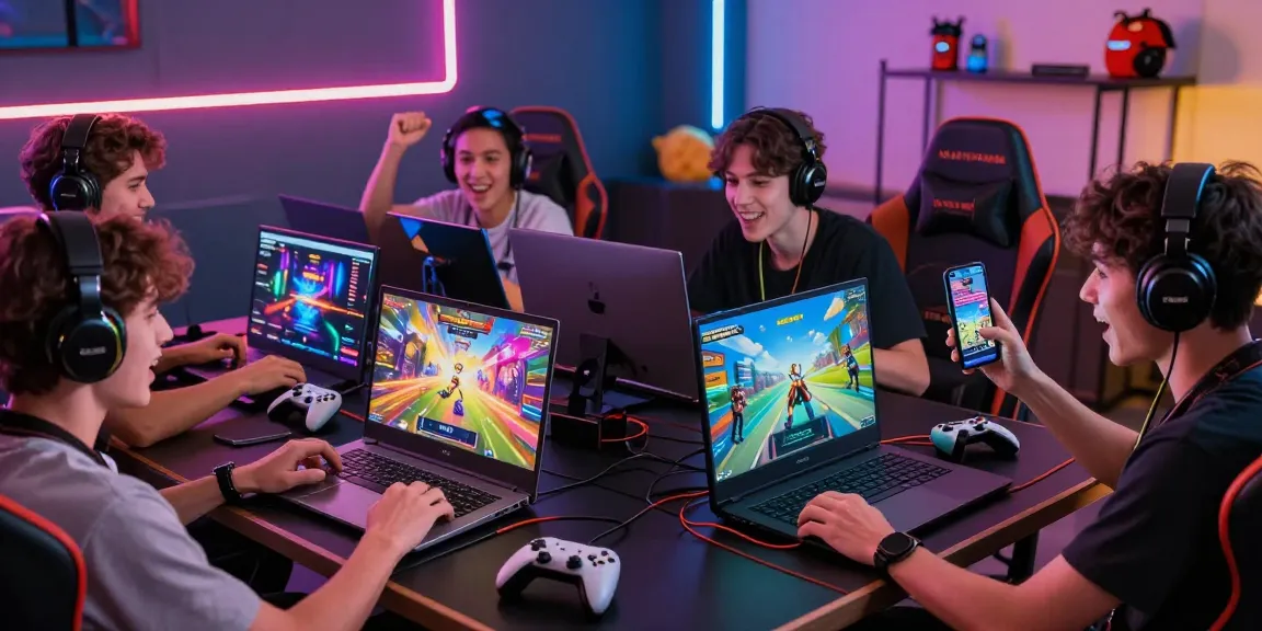 Players enjoying MANTRA88 online games on various devices in a lively gaming setup.