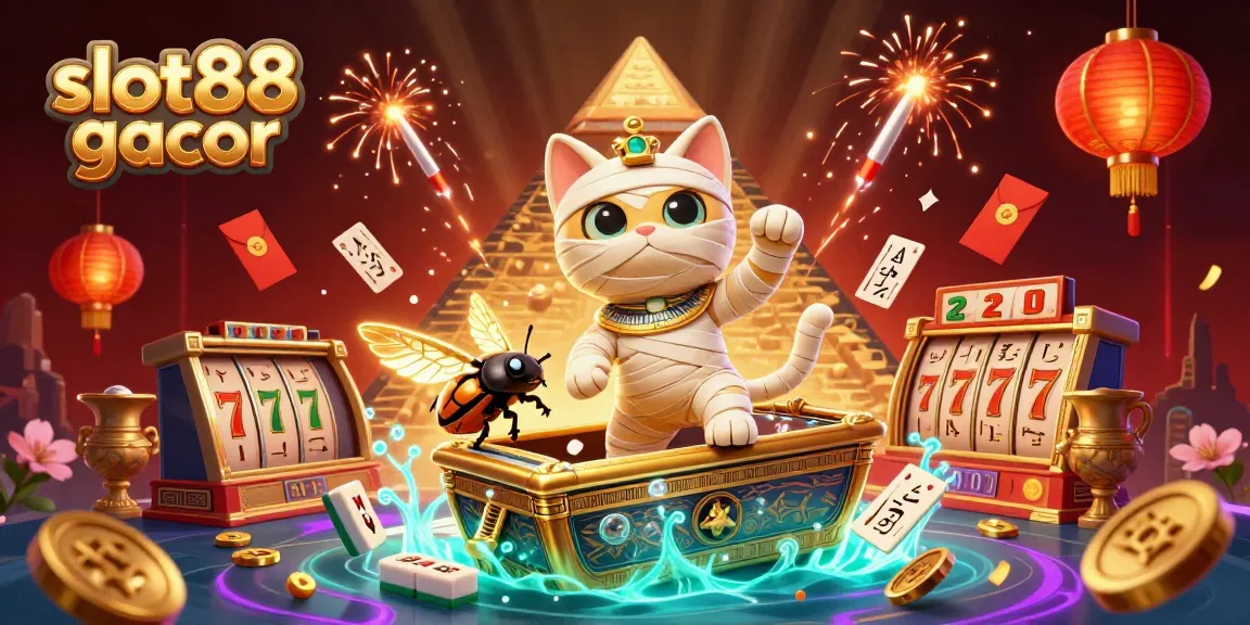 Experience the thrill of slot88 gacor with an exciting 3D casino scene featuring a mummy cat and scarab.