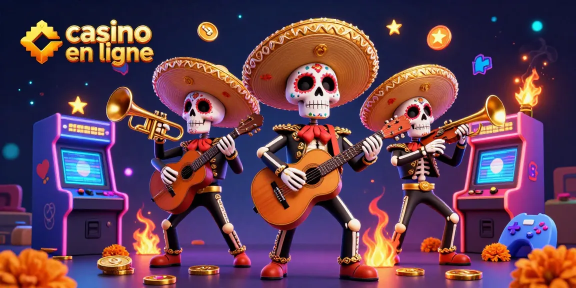 Jouez à casino en ligne avec une illustration de mariachi squelettique dynamique entouré d'éléments de jeux colorés.
