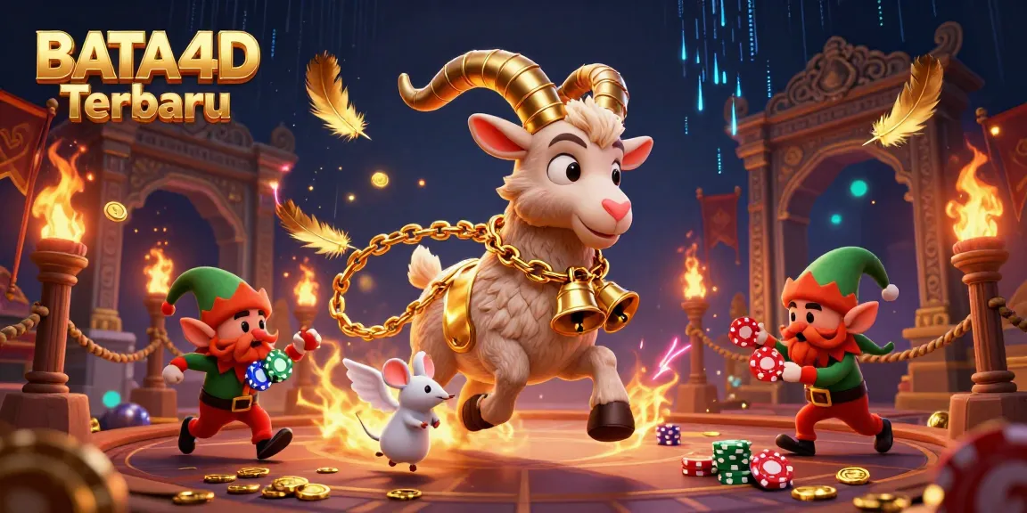 BATA4D Terbaru promotes festive thrills in a vibrant online casino scene, featuring playful characters.