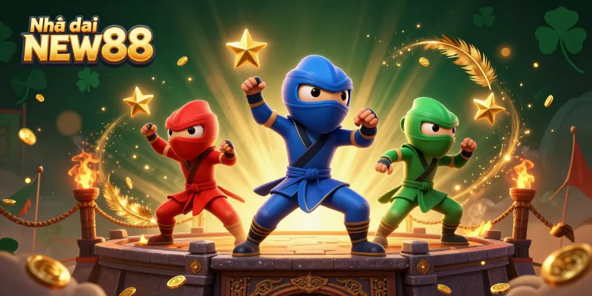 Engage with Nhà cái NEW88 in stunning action, featuring ninja chameleons battling amidst vibrant casino elements.