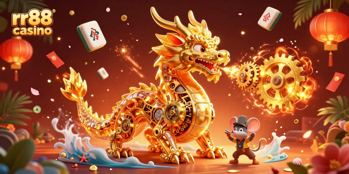 Engage with the thrilling rr88 casino experience featuring a golden dragon and festive elements.
