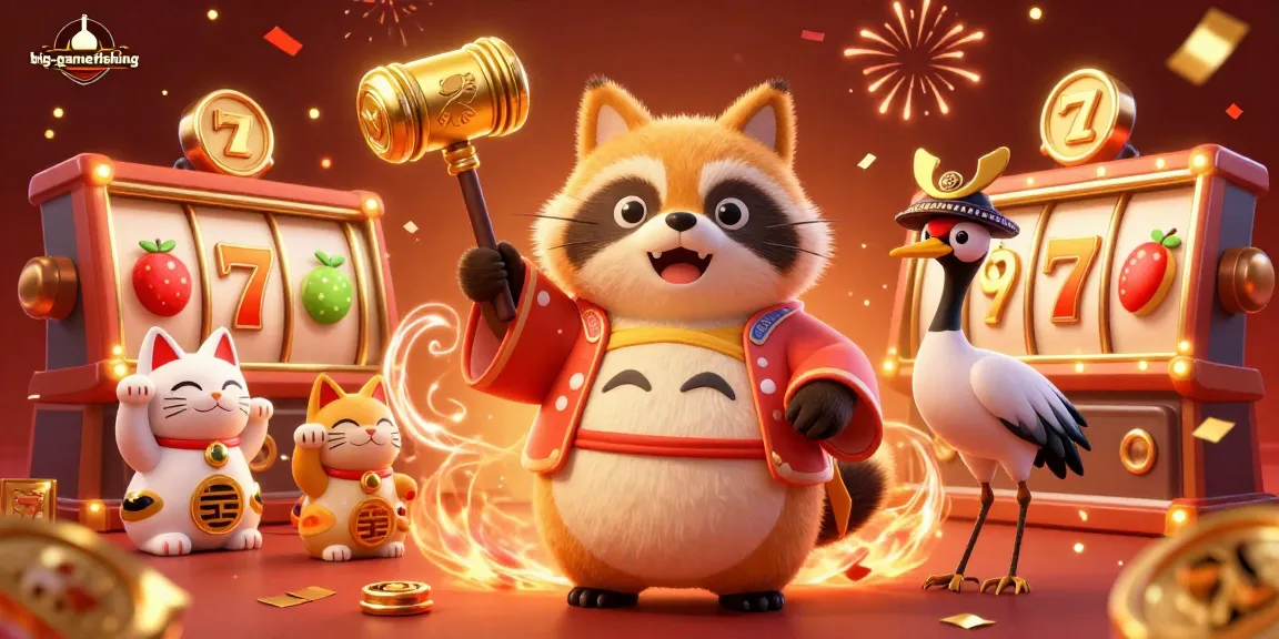 Experience the excitement of big-gamefishing with a cheerful tanuki in casino style, celebrating wins!