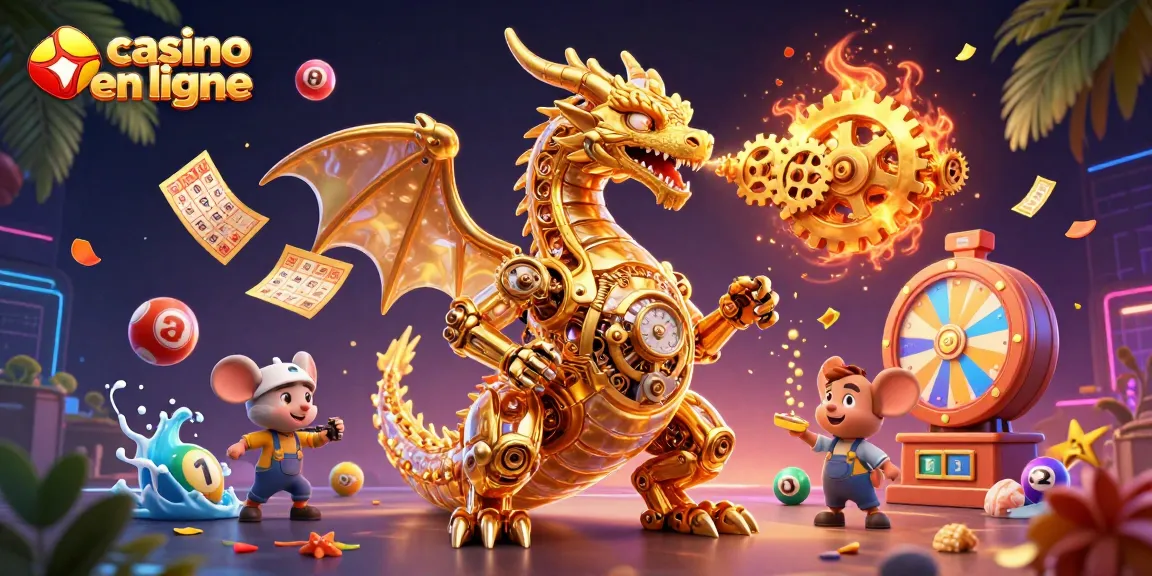 Utilisez le casino en ligne pour gagner avec des boules de loterie colorées et un dragon mécanique.
