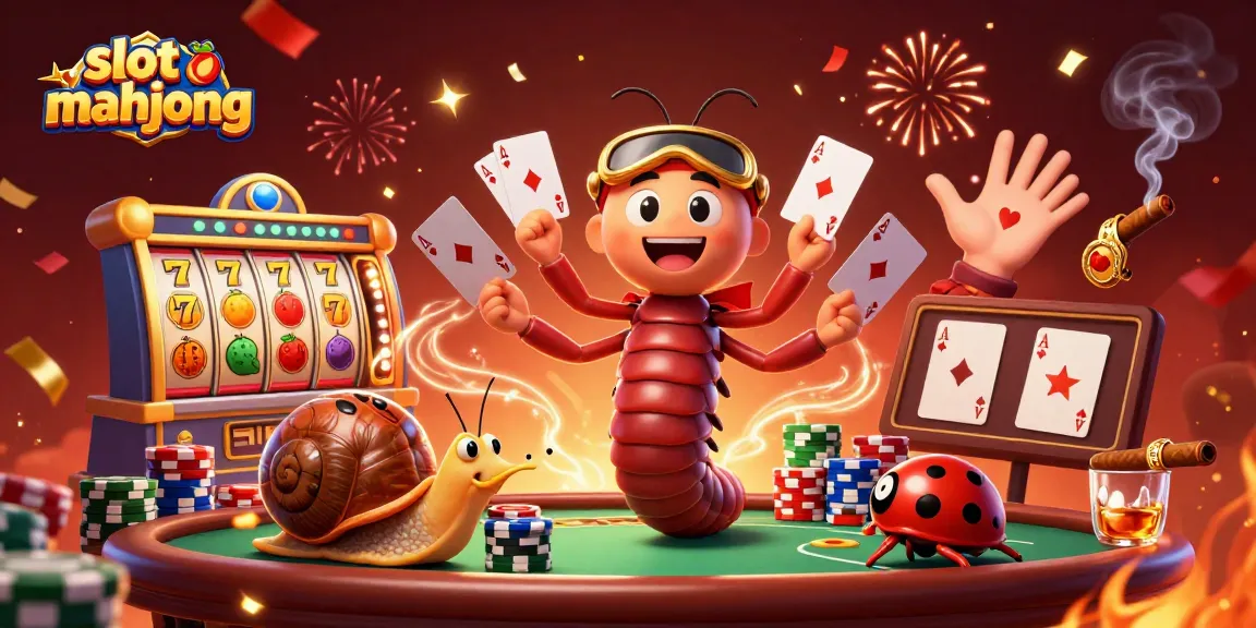 Gambarkan slot mahjong dengan dealer unik, bingkai chip poker berwarna cerah, simbol keberuntungan, dan aksi kasino yang dinamis.