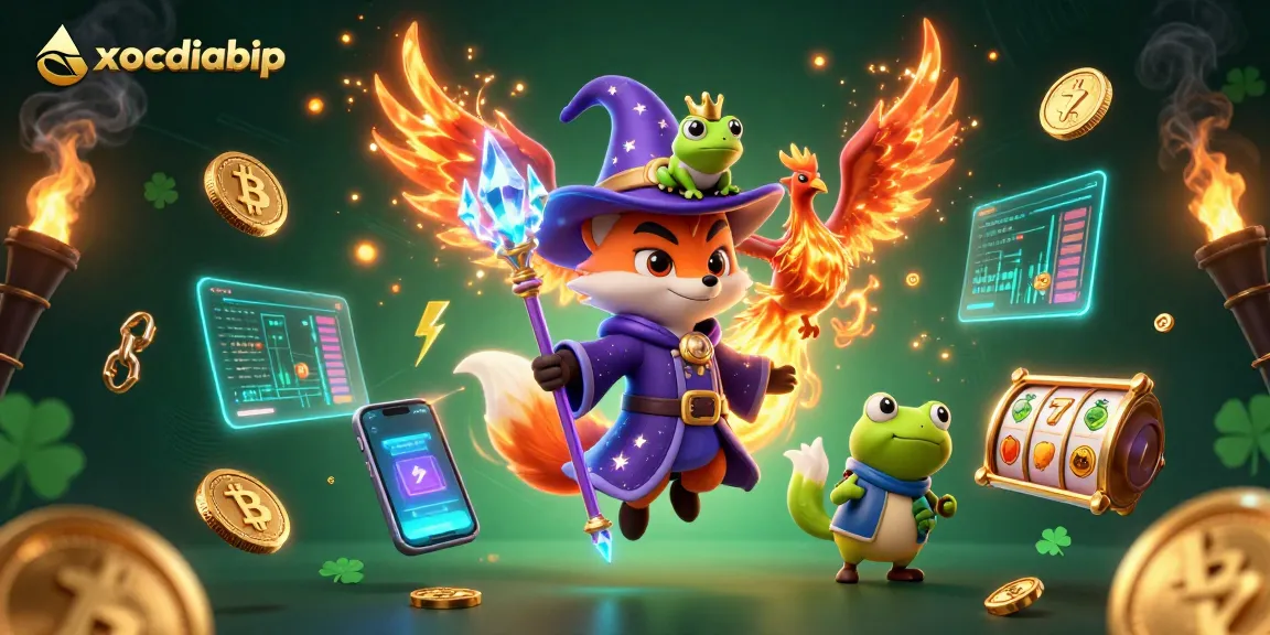 Xocdiabip captivates with a magical casino scene featuring a wizard fox, phoenix, and crypto elements.