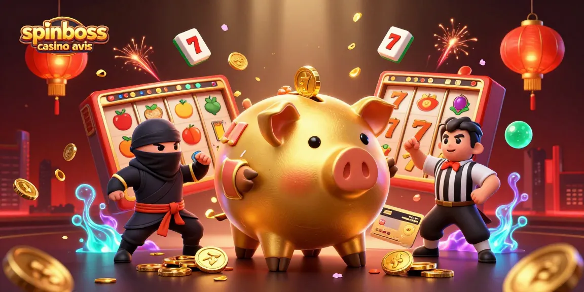 Vision dynamique du spinboss casino avis, illustrant une bataille ludique entre un cochon d'or et des personnages de jeu.