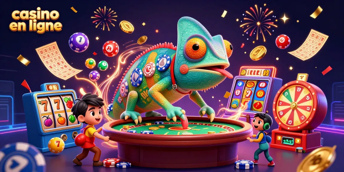 Illumination festive du casino en ligne avec un caméléon et des éléments de jeu vibrants